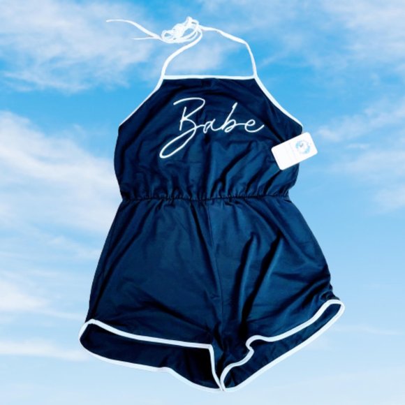 🆕Babe Graphic Halter Tie Romper. Navy Blue & White Trim. Sizes M, L, XL - Picture 2 of 9